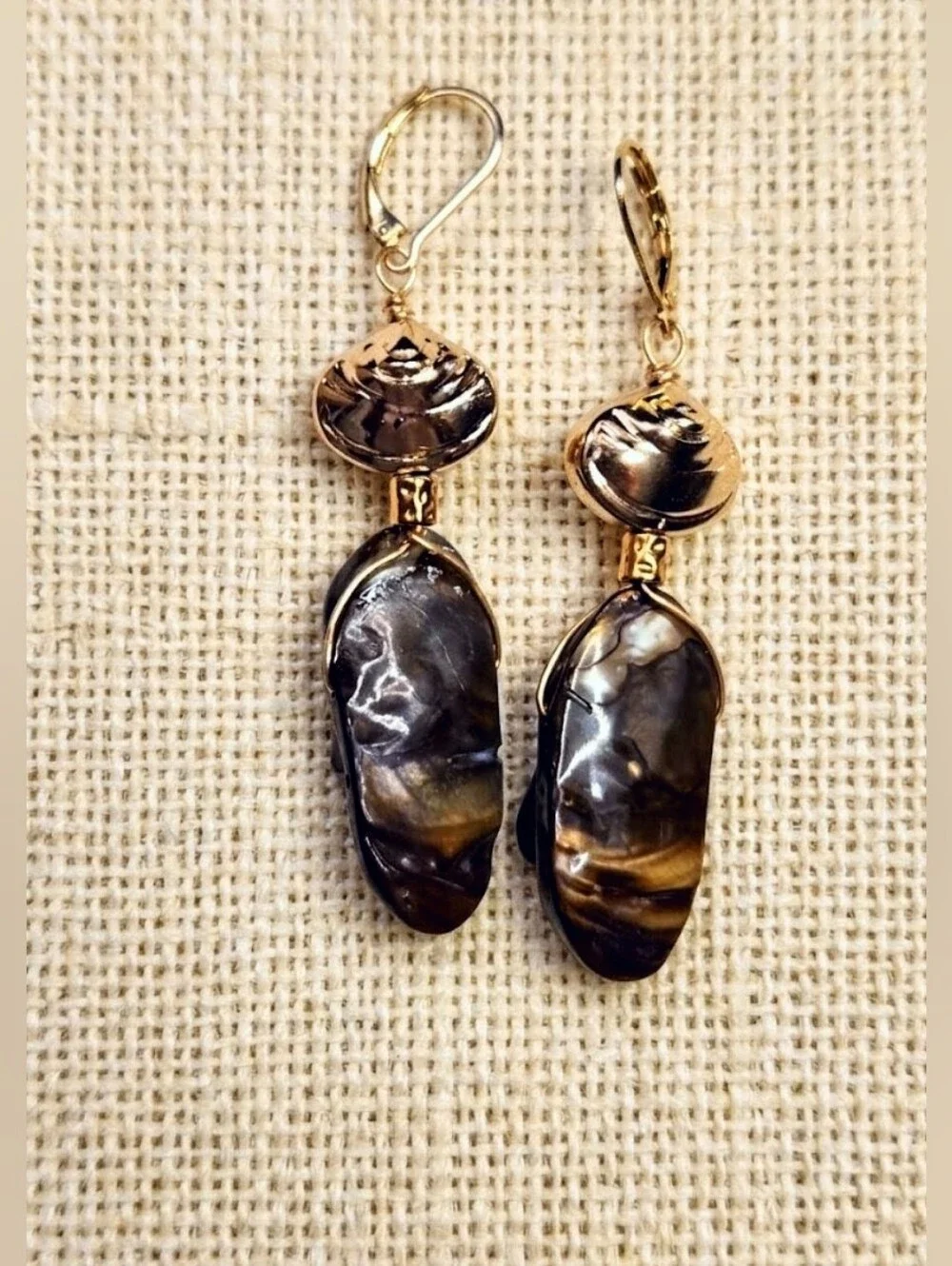 Rustic Brown Mother Of Pearl MOP In Long Drop Down Artisan Made Earrings